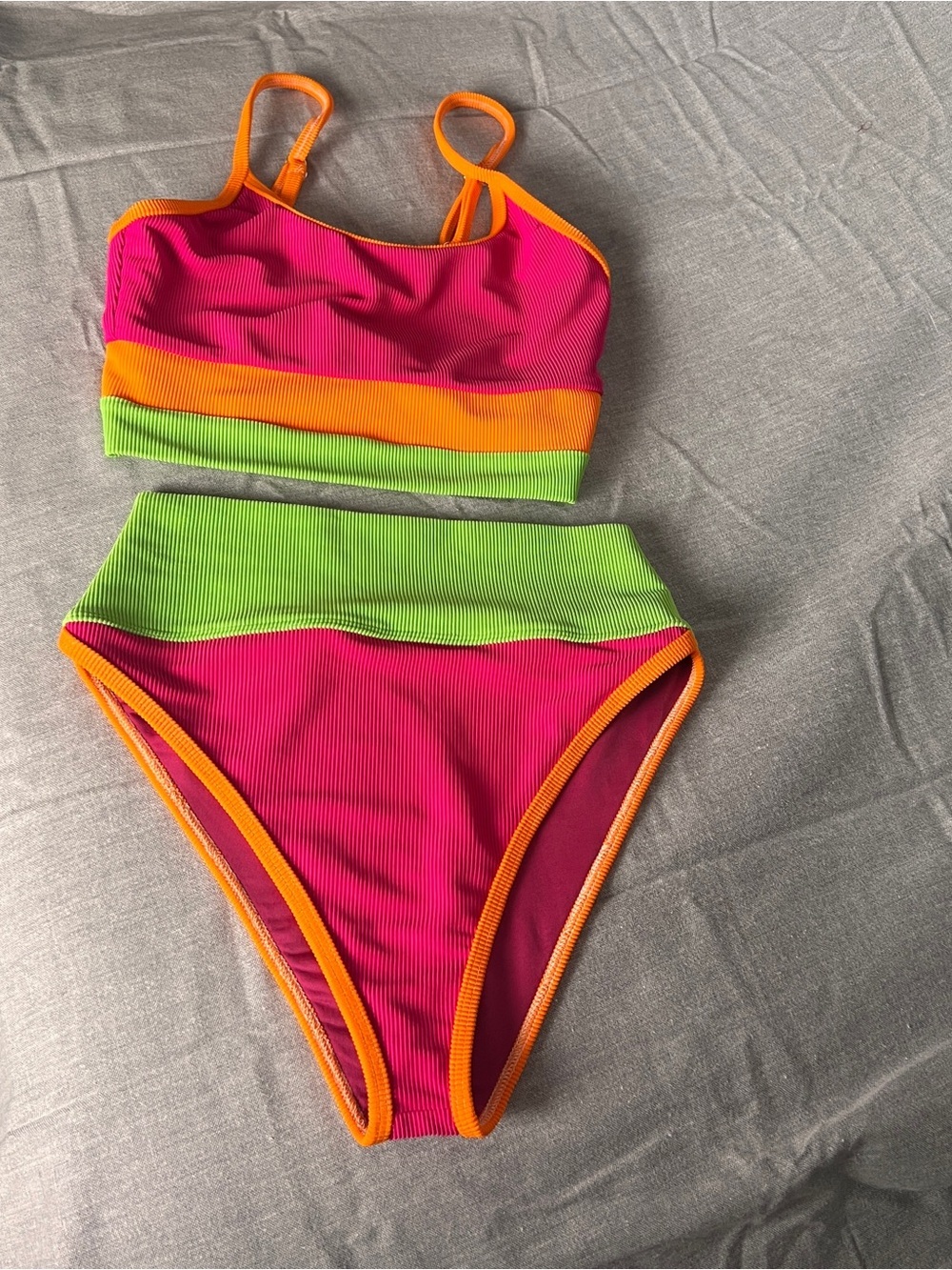 Colorblock Ribbed High-Waisted Bikini Set, Pink, Orange, & Green Size XS-S, NWOT
